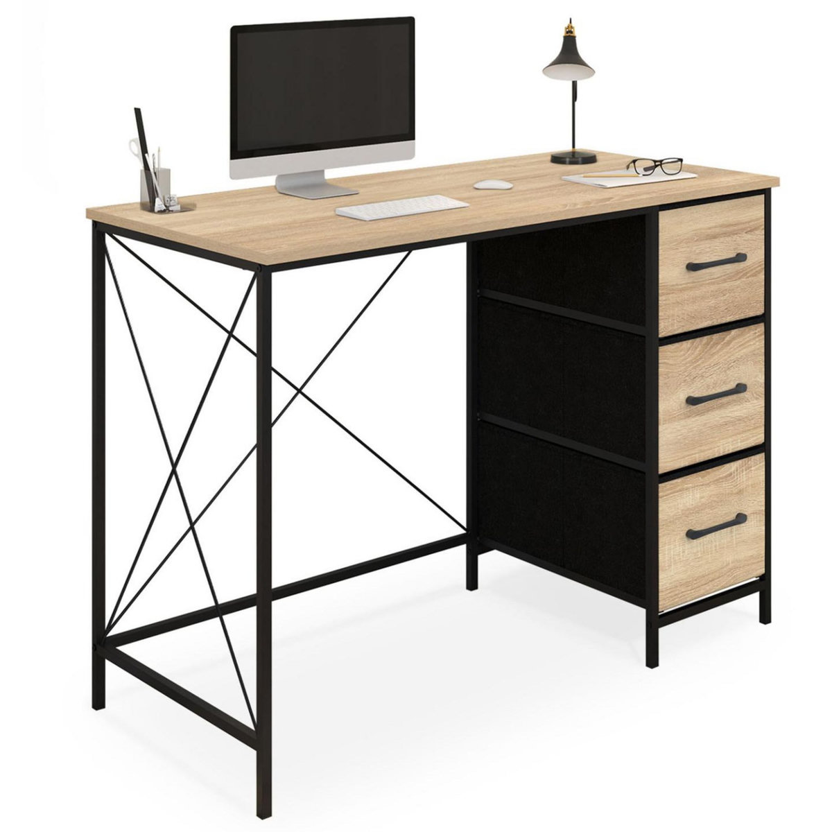 ID MARKET Bureau 3 tiroirs en tissu UTAH bois et noir design industriel