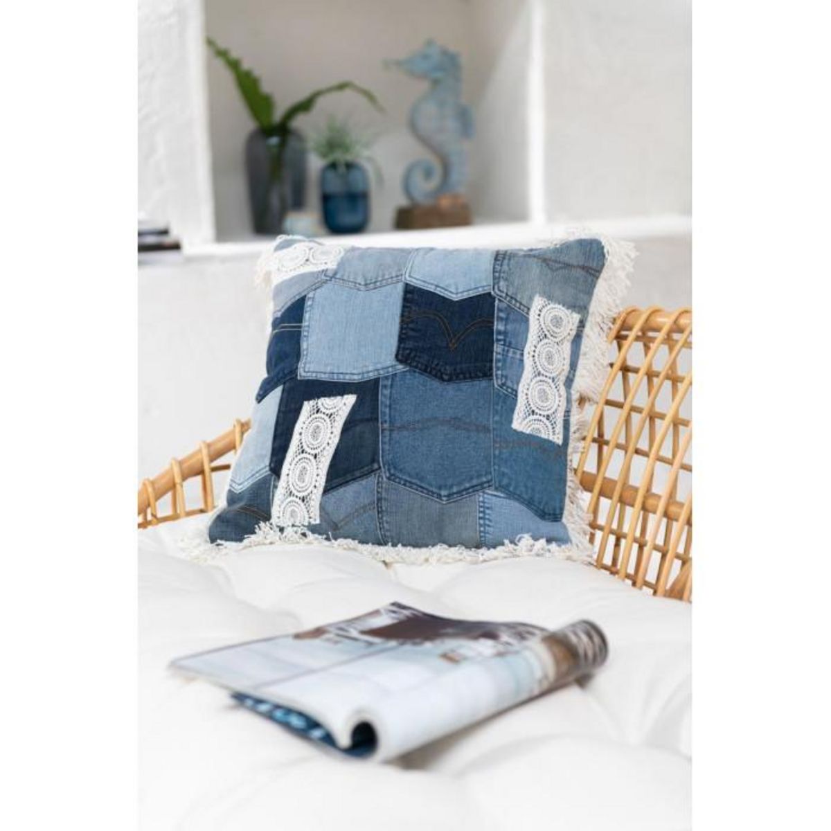 Paris Prix Coussin Déco Patchwork  Santorin  45x45cm Bleu