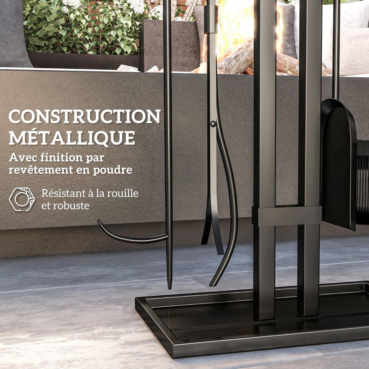 OUTSUNNY Serviteur de cheminée moderne 5 pièces - balai, pelle, pince, tisonnier, support - métal noir