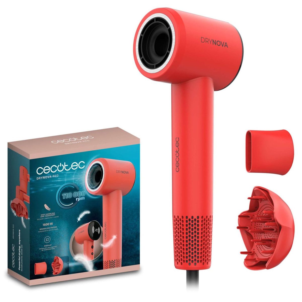 CECOTEC Cecotec Sèche-cheveux Drynova Red Spark 1600W Moteur Brushless 110000 Tr/min Ionique Avec Diffuseur Et Concentrateur