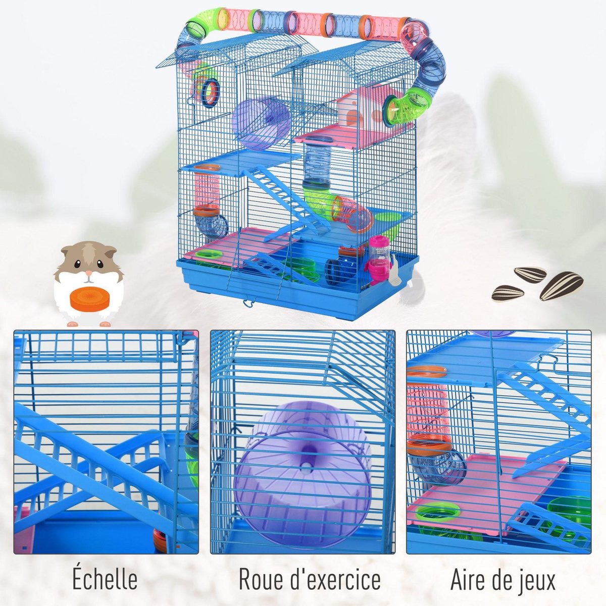 PAWHUT Cage pour Hamster Souris Petit Animaux Rongeur avec Tunnel Mangeoire Roue Jouet 47 x 30 x 59 cm cm Bleu