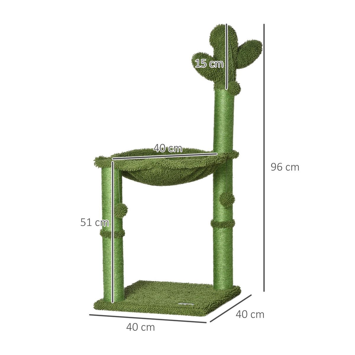 PAWHUT Arbre à chat griffoirs design cactus - hamac, 3 jouets pompons suspendus - panneaux peluche sisal vert