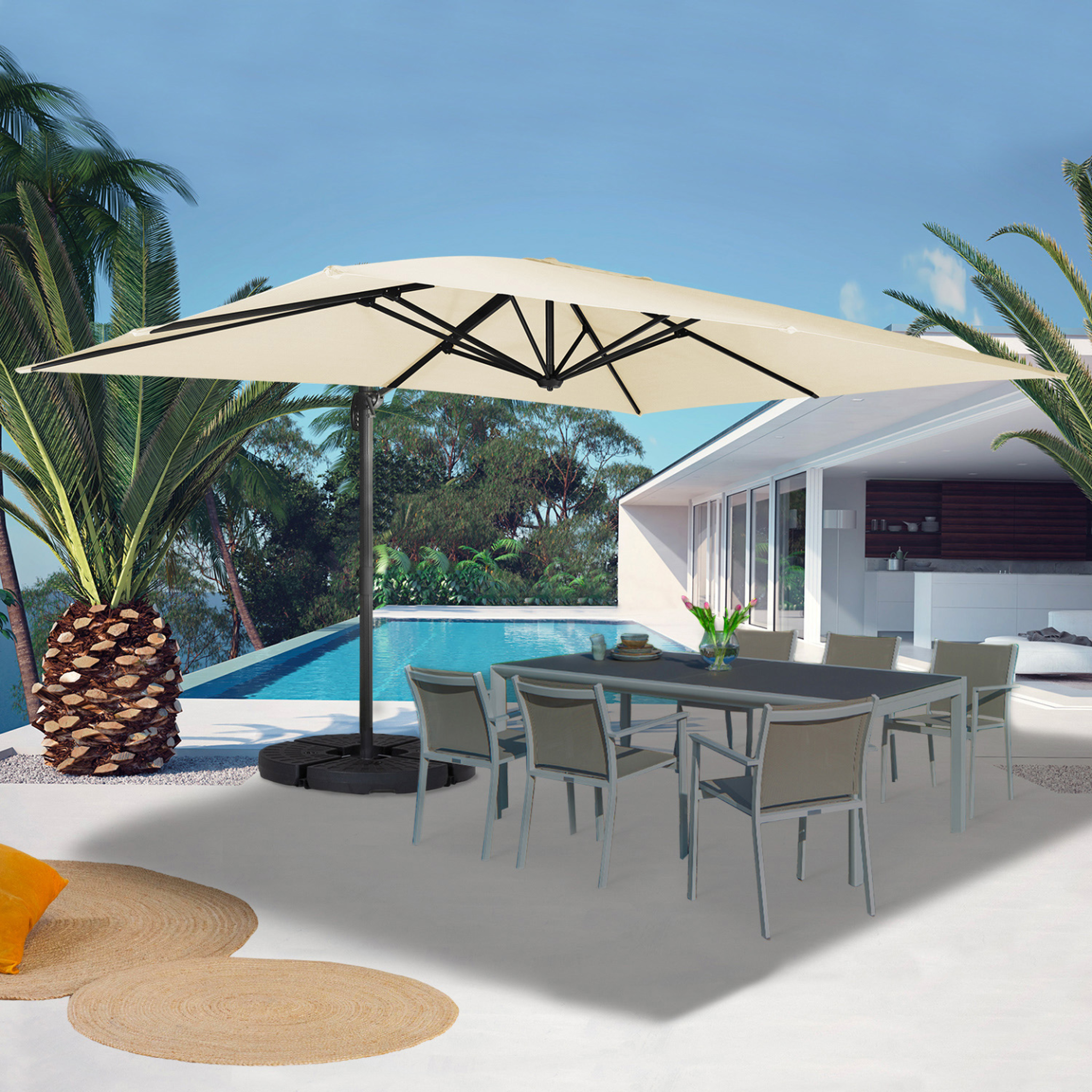 Voir la diapositive 2 : ID MARKET Parasol déporté inclinable rotatif 360 calvi écru 3x4 m avec 4 dalles et housse