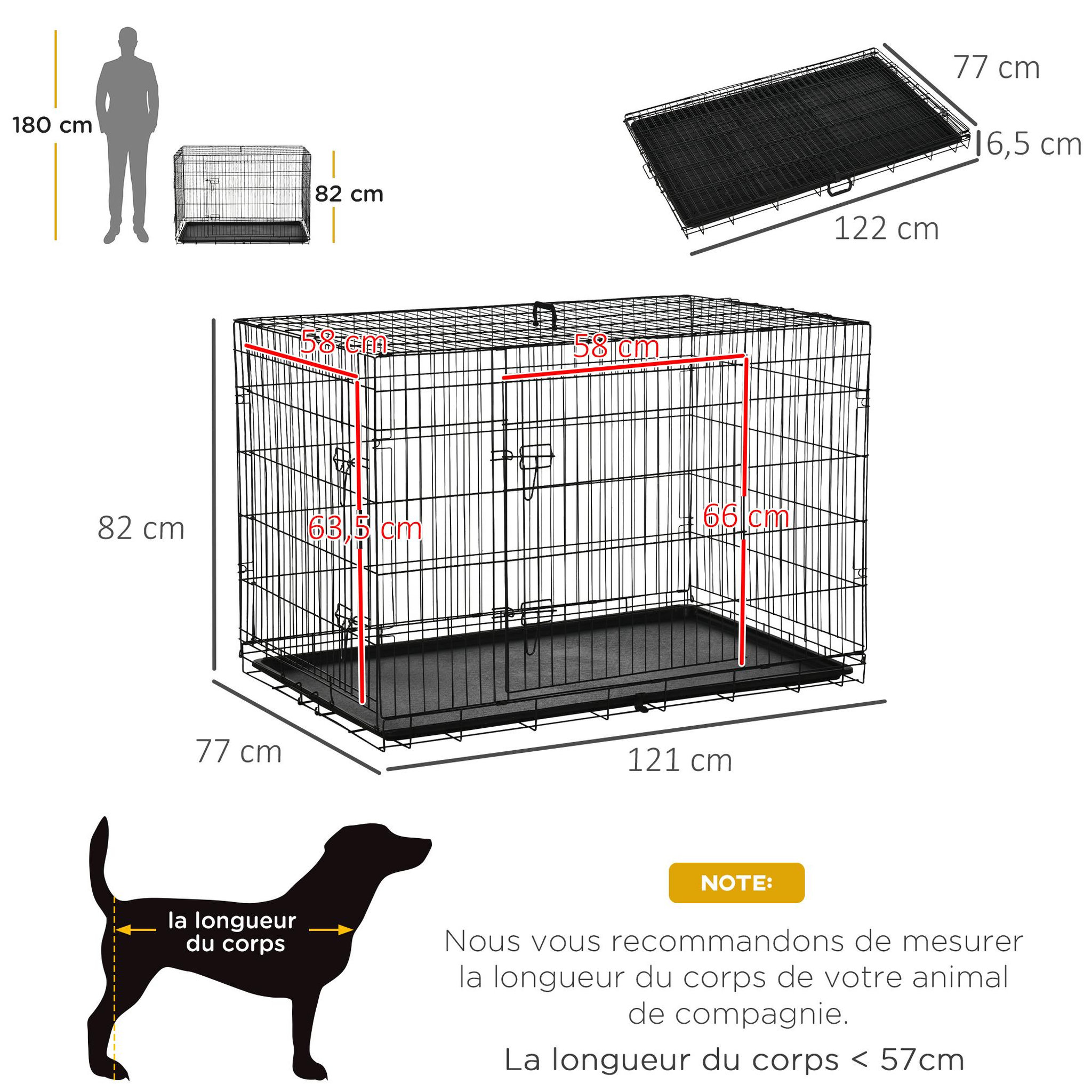 Voir la diapositive 3 : PAWHUT Cage de transport pour chien pliable - 2 portes verrouillables - plateau amovible - dim. 121l x 77l x 82h cm - acier abs noir