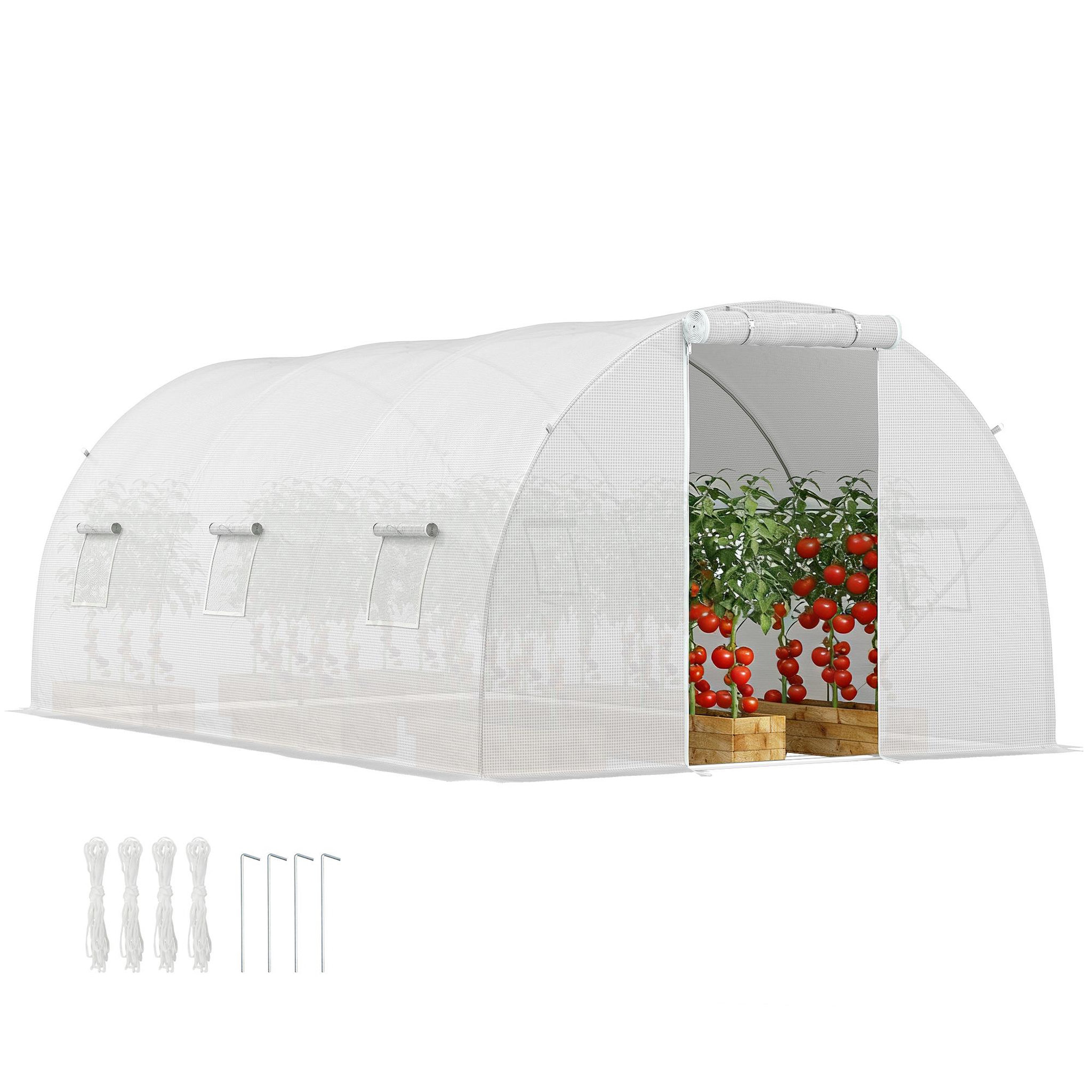 OUTSUNNY Serre tunnel 13,5 m² dim. 4,5 x 3 x 2 m - 6 fenêtres, porte zippée enroulable - acier galvanisé pe haute densité blanc