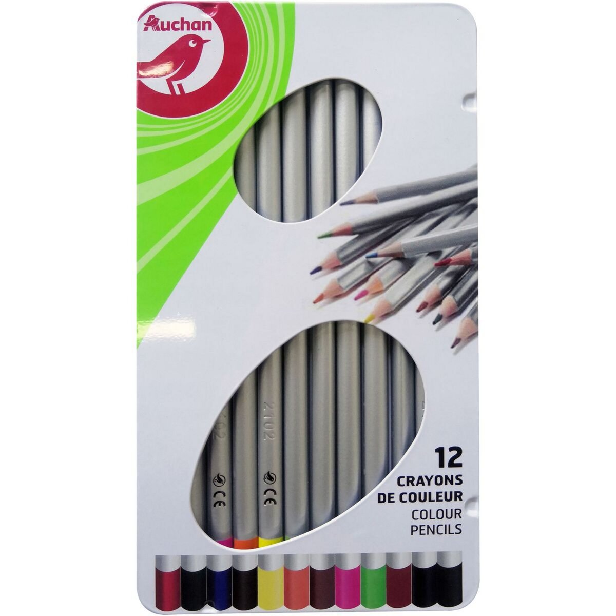 AUCHAN Boîte métal de 12 crayons de couleur 