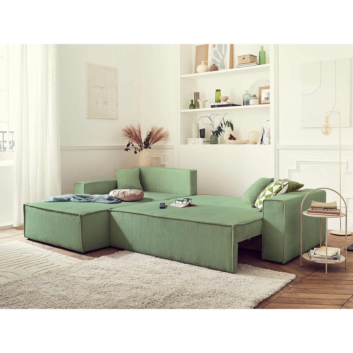 BEST MOBILIER Dellia - canapé d'angle réversible convertible - avec coffre - en velours côtelé - 4 places