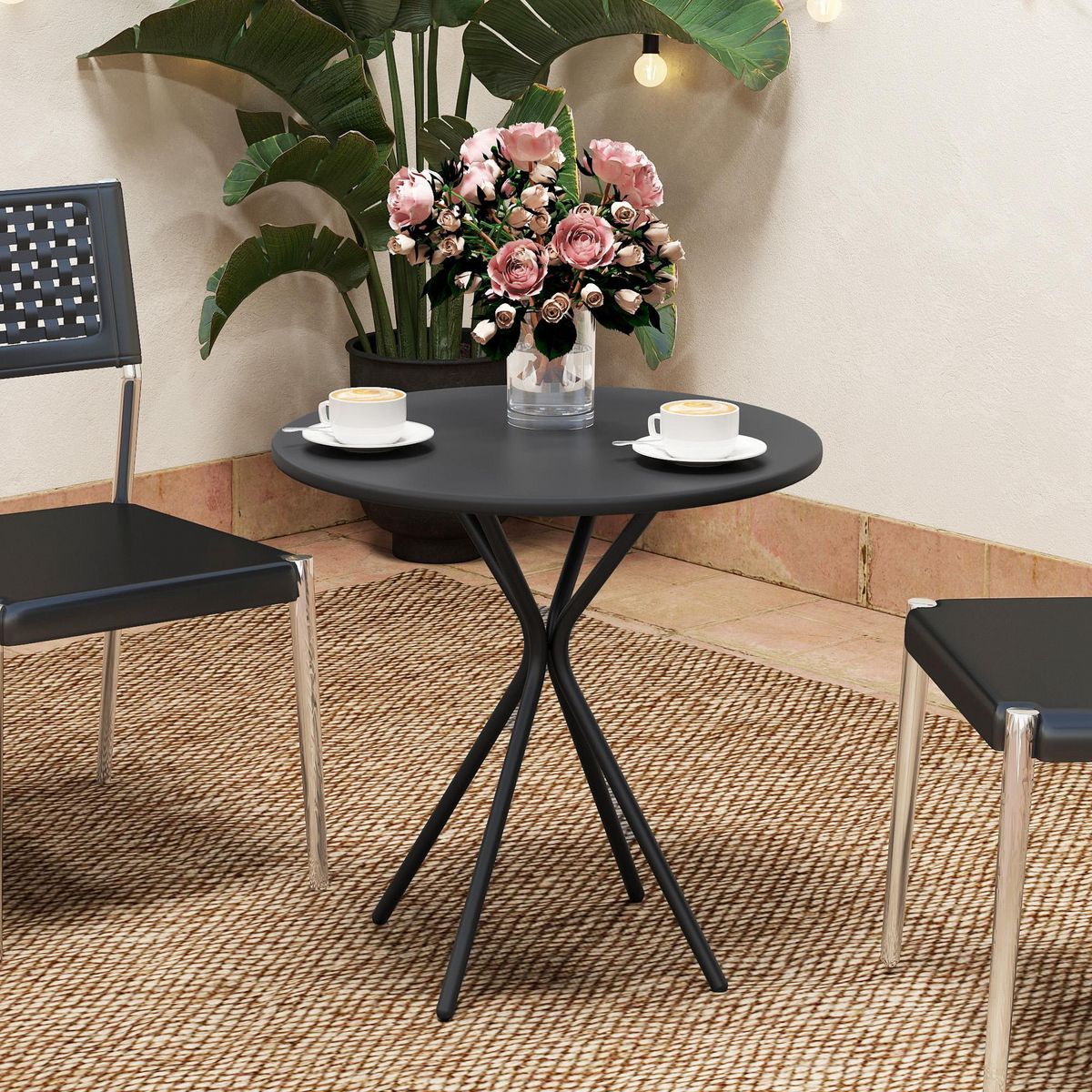 OUTSUNNY Table de jardin ronde dia. 60 cm piètement antidérapant design acier noir