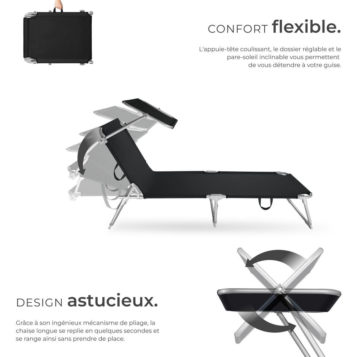 tectake Transat en acier pliable noir