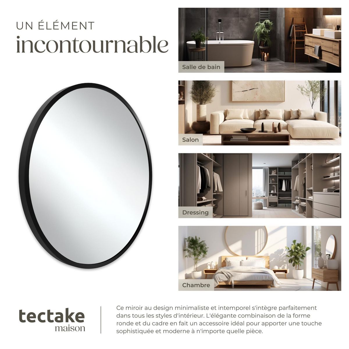 tectake Miroir mural rond Ø 80 cm noir