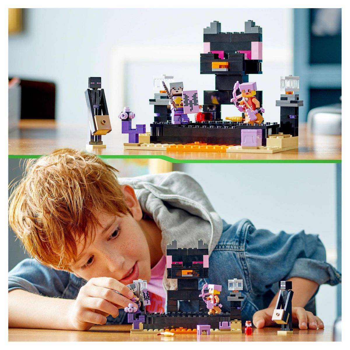 LEGO Minecraft 21242 L'arène de l'End, Jouet de Combat avec Lave, Figurine Dragon de l'Ender et Enderman