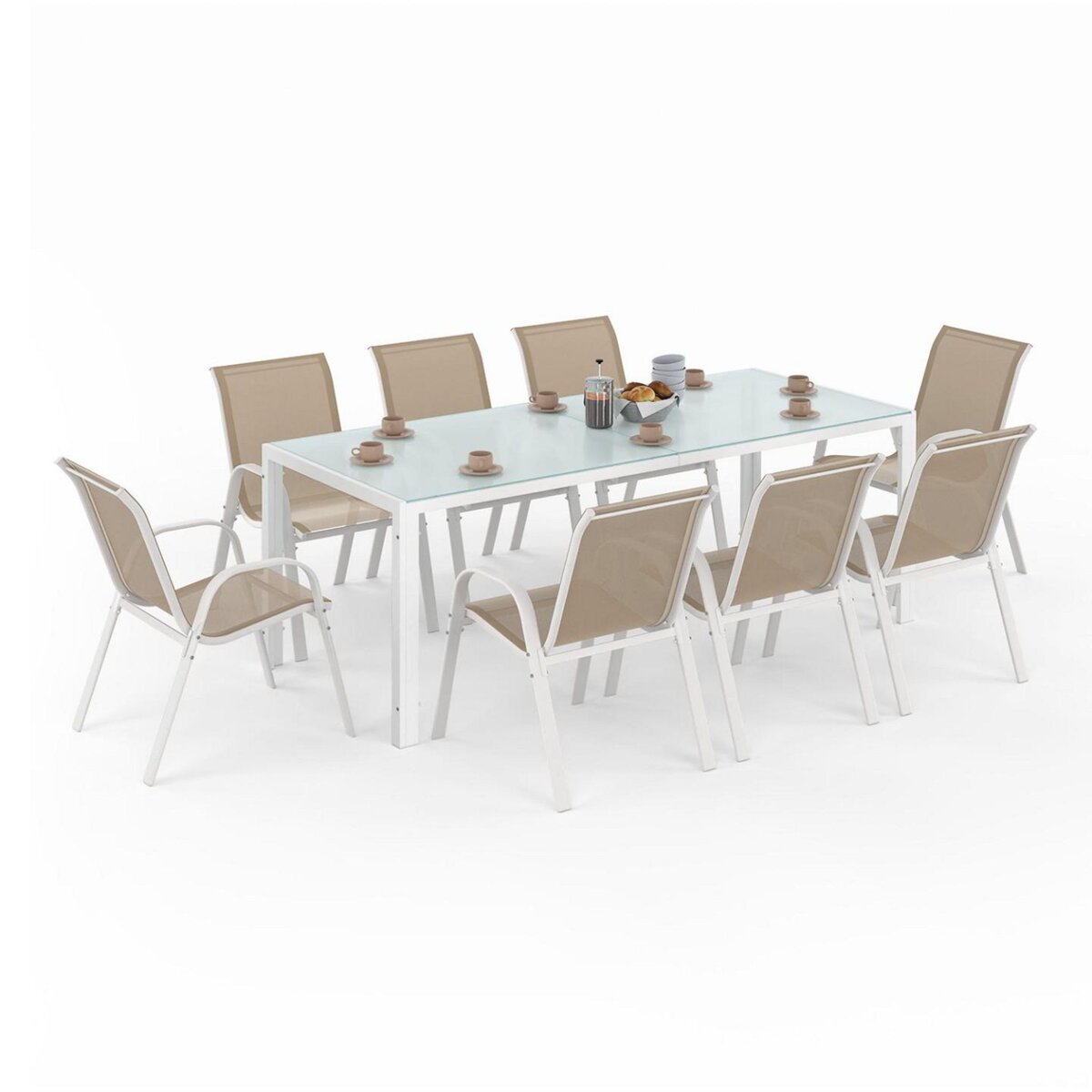 ID MARKET Salon de jardin MADRID table 190 cm et 8 chaises empilables blanc et beige