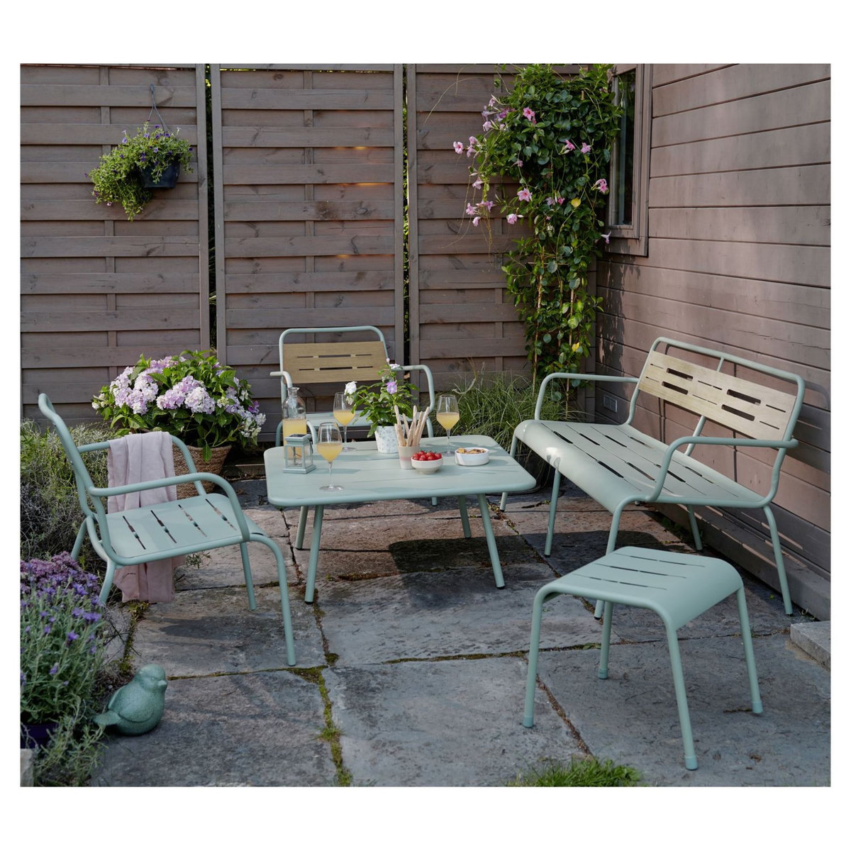 GARDENSTAR Salon bas de jardin - 4 places - Acier - Vert pâle