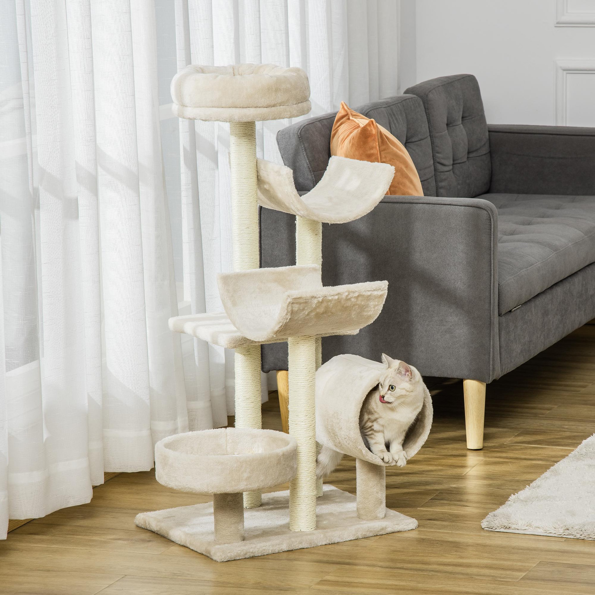 Voir la diapositive 4 : PAWHUT Arbre à chat multi-équipement griffoirs grattoirs plateformes tunnel paniers dim. 50 x 40 x 105 cm beige