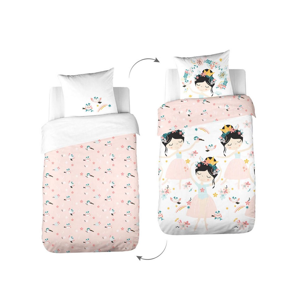 SWEEEK Parure de lit réversible 1 place imprimé princesse et oiseaux en polycoton. 1 housse de couette et 1 oreiller
