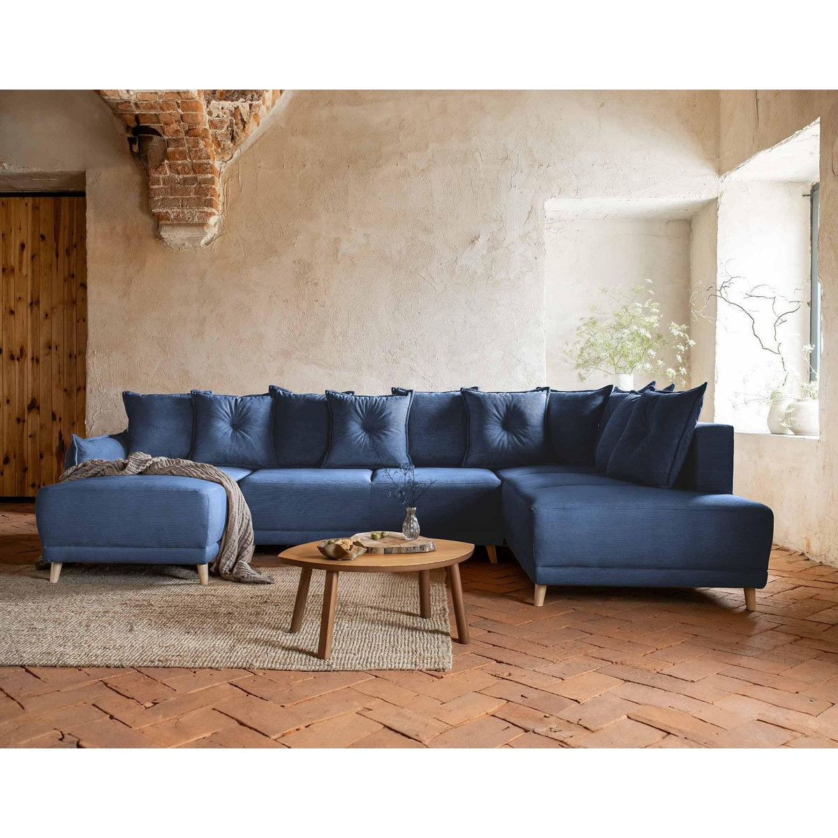 BEST MOBILIER Lena - canapé panoramique d'angle droit 7 places - convertible avec coffre - en velours côtelé