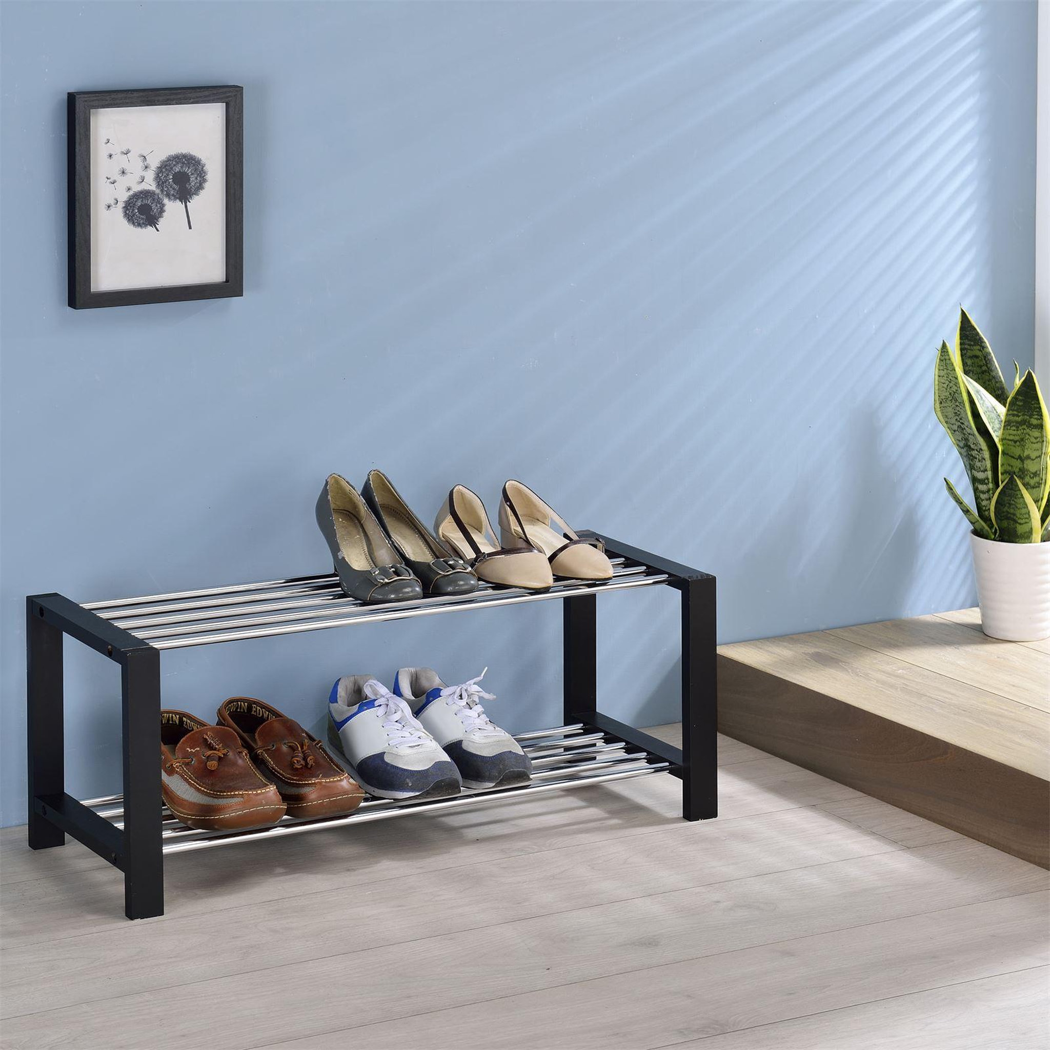 Voir la diapositive 2 : IDIMEX Etagère à chaussures ARINA, en pin et métal chromé, 3 tailles disponibles