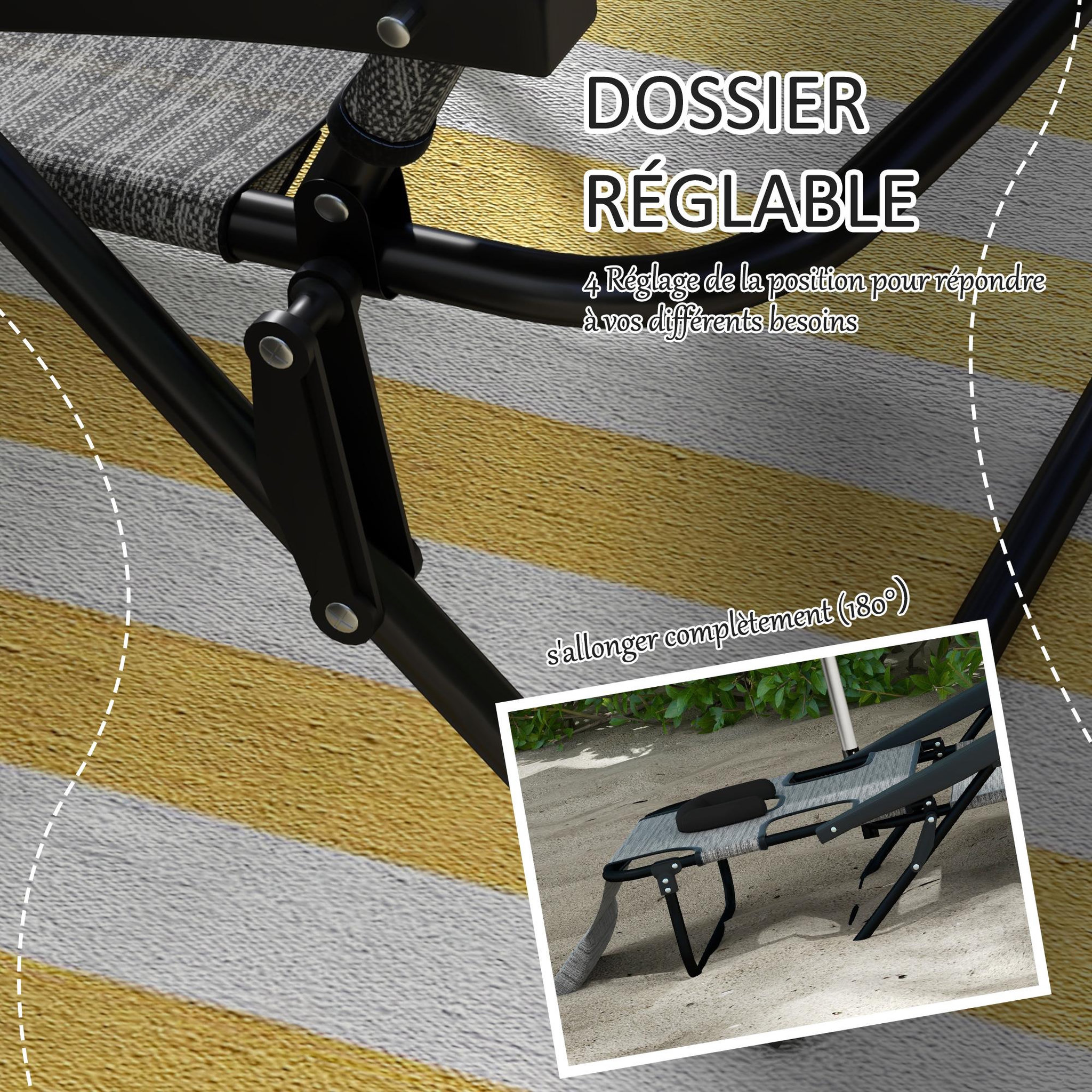 Voir la diapositive 6 : OUTSUNNY Bain de soleil transat pliable inclinable - coussins, espace tête - acier noir polyester gris chiné