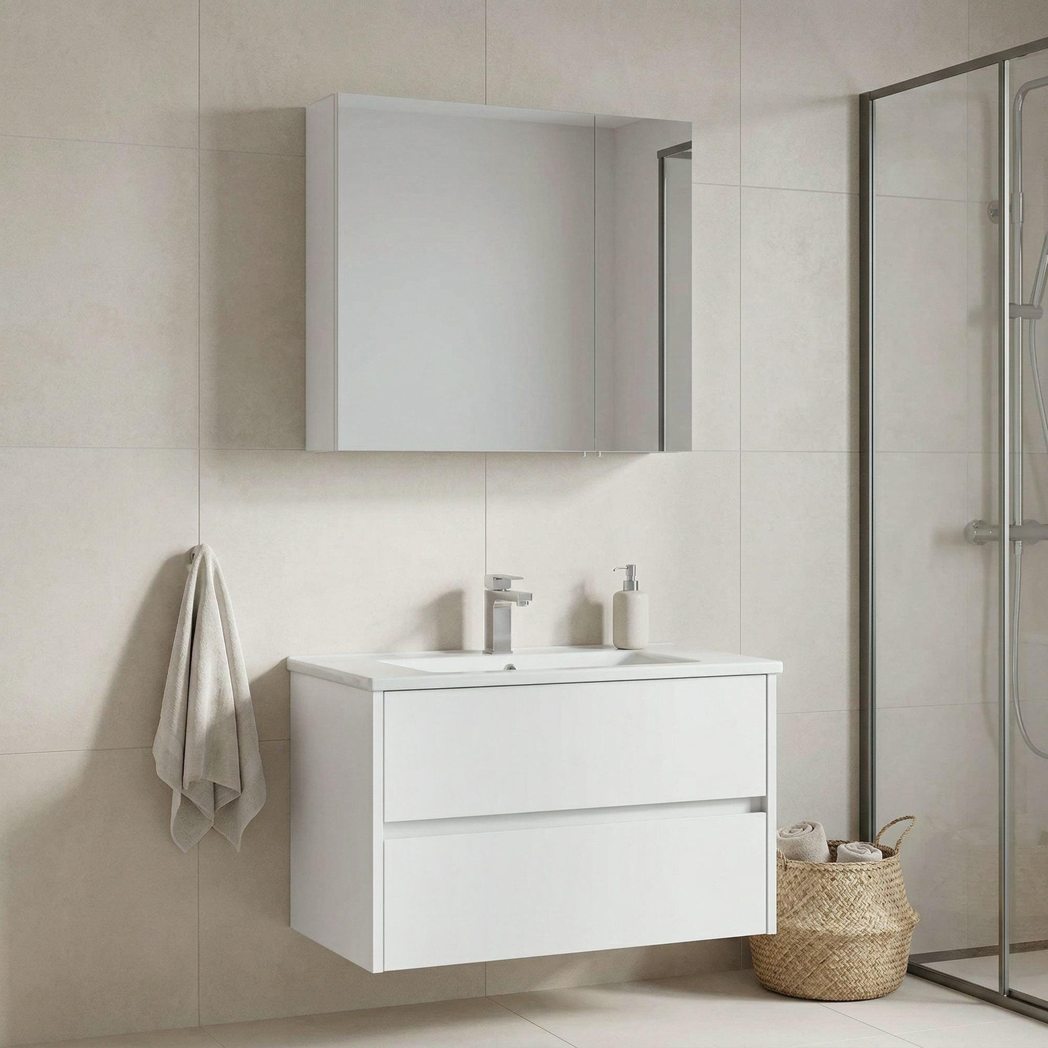 Voir la diapositive 2 : Habitat et Jardin Meuble avec simple vasque et miroir  Side 85 v2  - 85 x 45 x 52 cm - Matte White