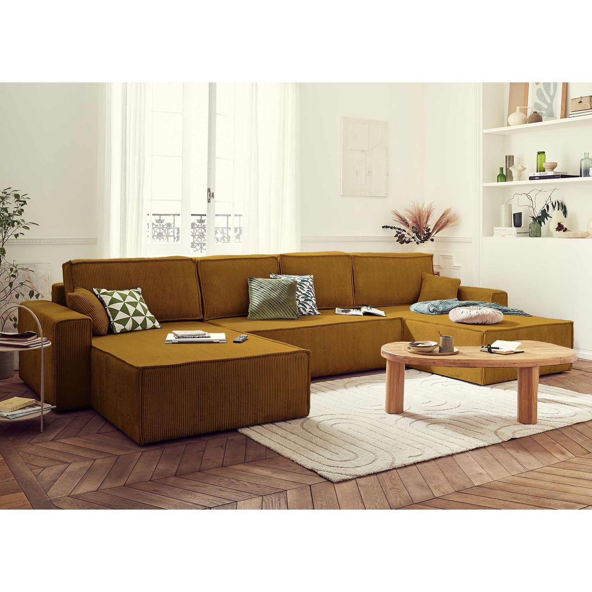 BEST MOBILIER Dellia - canapé panoramique en u - 7 places - convertible - avec coffre - en velours côtelé