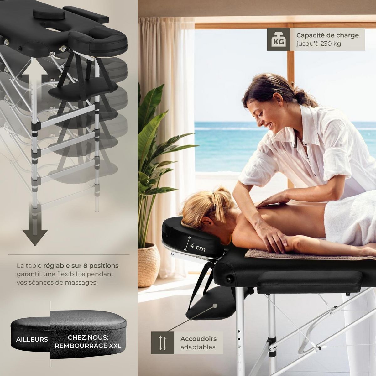 tectake Table de massage portable pliante 2 zones largeur 61 cm et rembourrage de 4 cm noir
