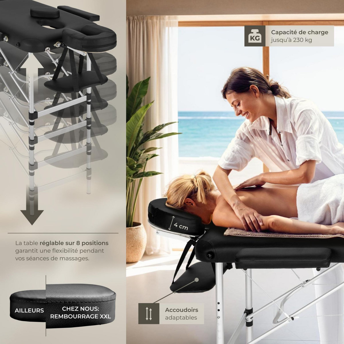 tectake Table de massage portable pliante 2 zones largeur 61 cm et rembourrage de 4 cm noir