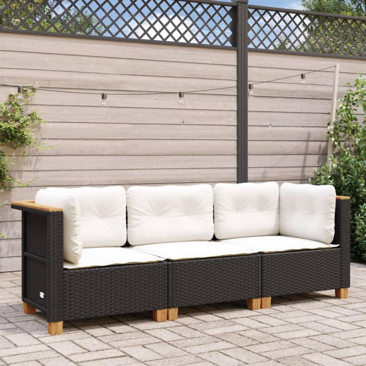 VIDAXL Canape de jardin avec coussins 3 places noir resine tressee