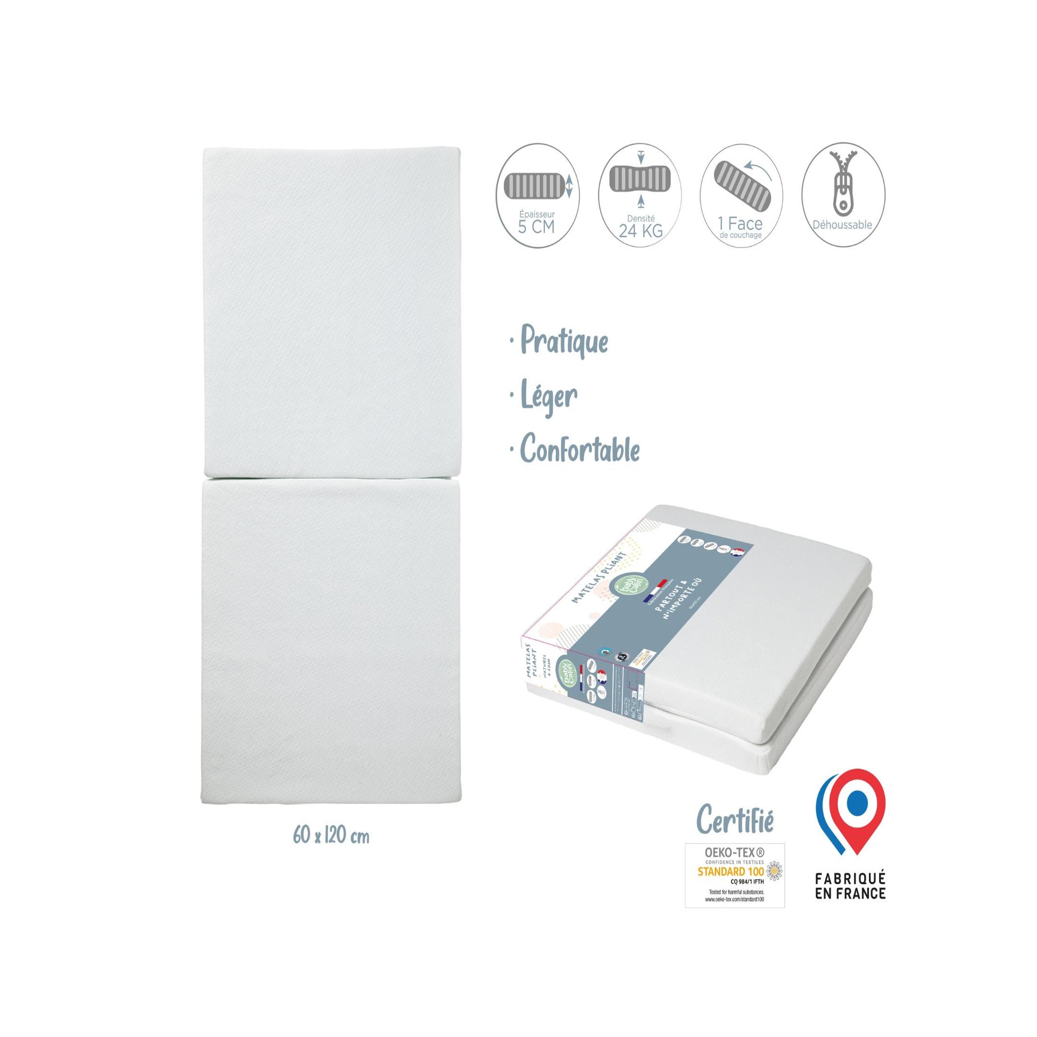 Voir la diapositive 2 : BABYCALIN Matelas bébé pliable 60 x 120 cm - 100 % polypropylène - Blanc