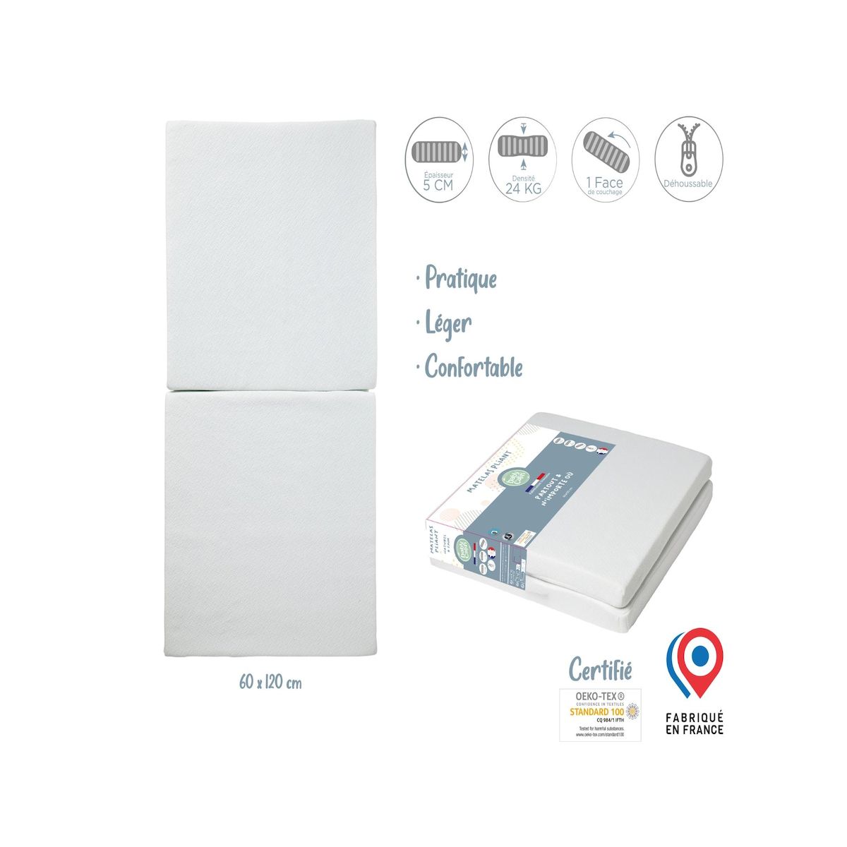 BABYCALIN Matelas bébé pliable 60 x 120 cm - 100 % polypropylène - Blanc