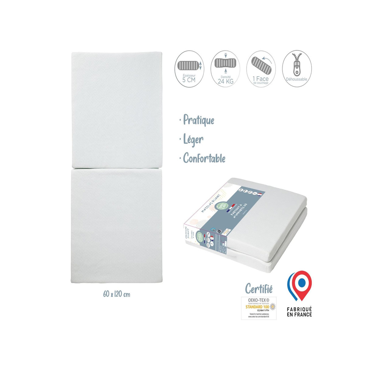 BABYCALIN Matelas bébé pliable 60 x 120 cm - 100 % polypropylène - Blanc
