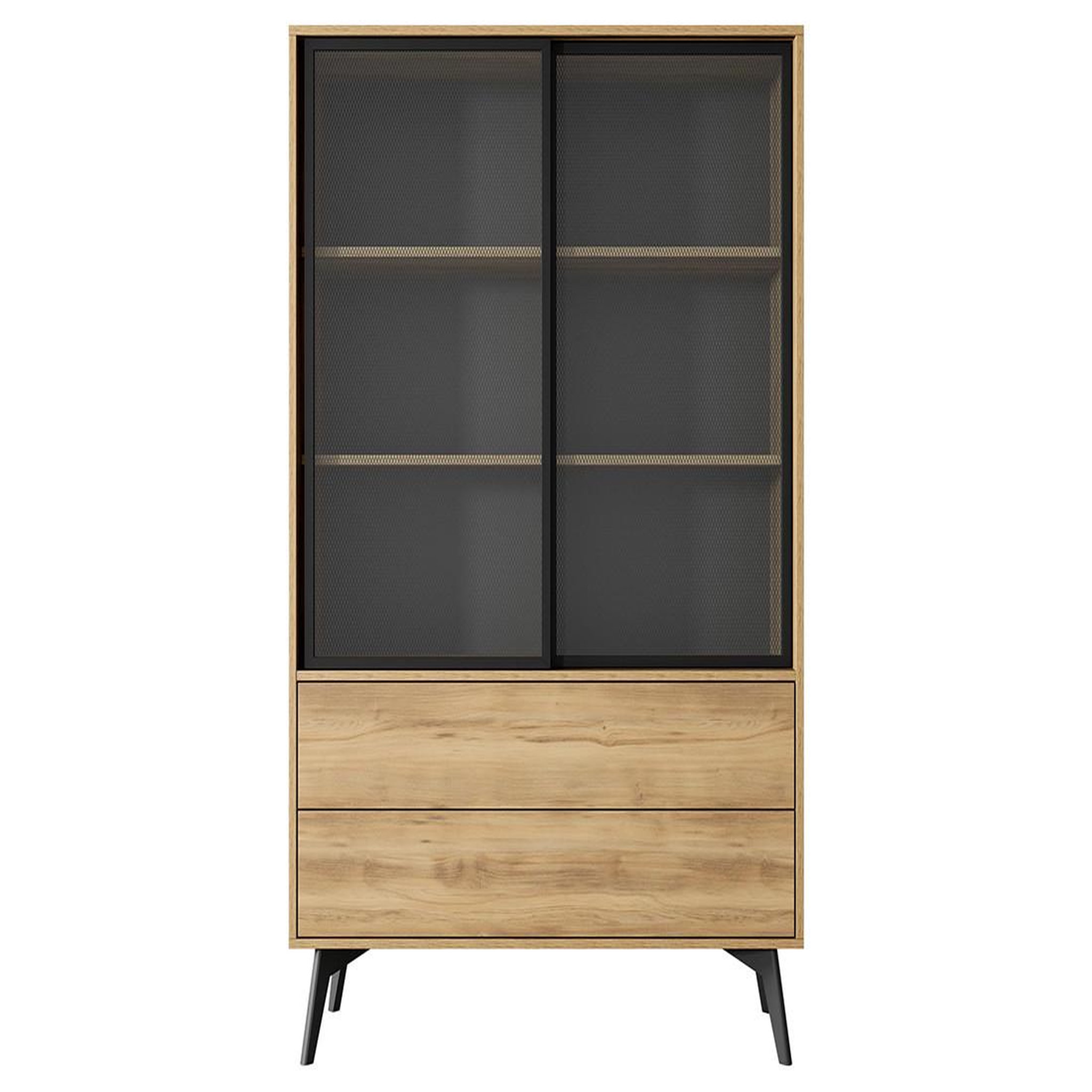 Voir la diapositive 2 : BEST MOBILIER Larry - vitrine - 2 portes et 2 tiroirs - effet bois et métal noir - 144 cm