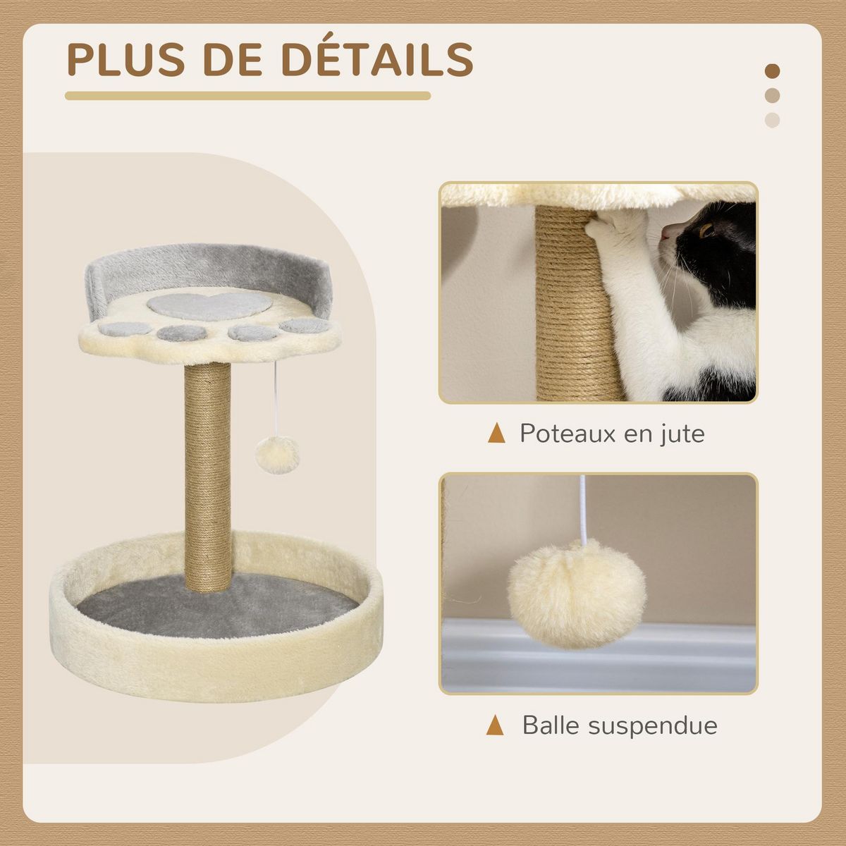 PAWHUT Arbre à chat griffoir design patte de chat jeu boule suspendue panier plateforme observation peluche beige gris jute naturelle