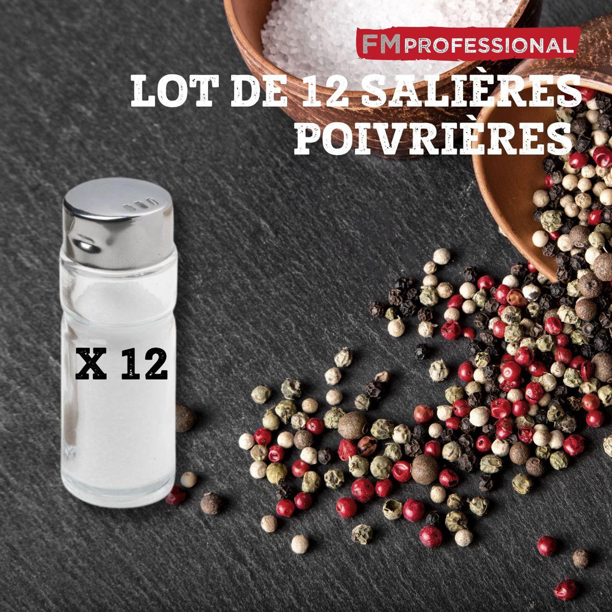 Voir la diapositive 2 : FM PROFESSIONAL Lot de 12 salières/poivrières fm professional