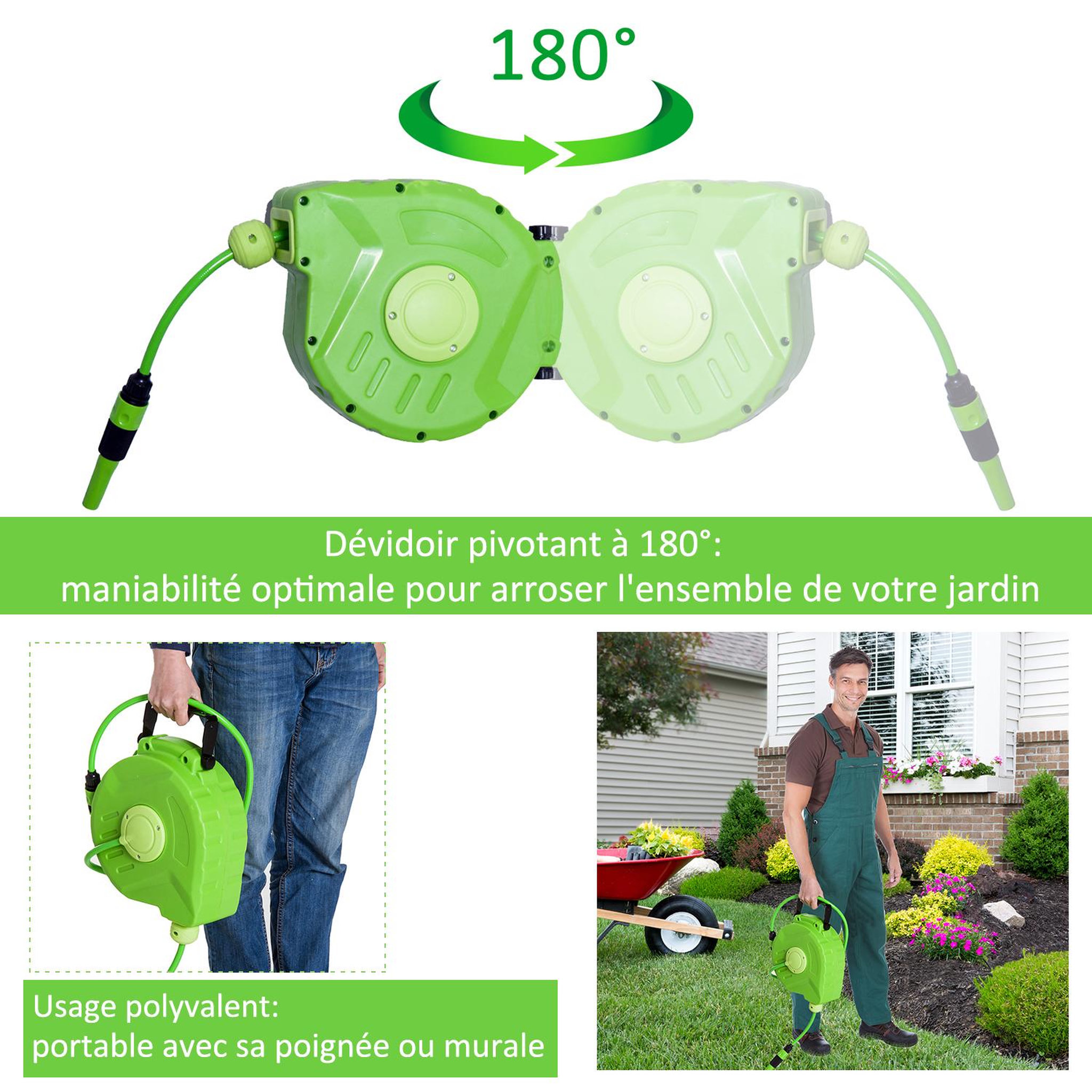 Voir la diapositive 4 : OUTSUNNY Dévidoir mural enrouleur automatique pivotant 180° tuyau 10 + 1 m avec lance arrosage support mural intégré vert