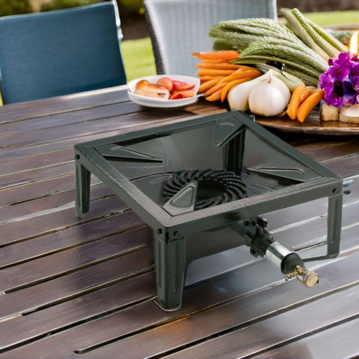 INTEC Réchaud à gaz 7.5KW Acier émaillé Bruleur fonte Réchaud Traiteur 4 pieds Cuissons extérieures