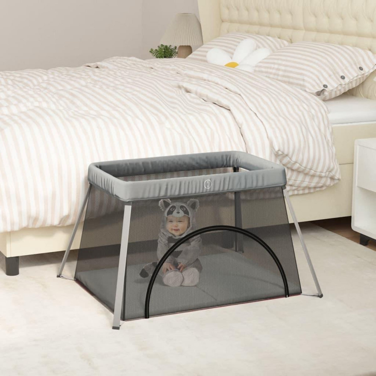 VIDAXL Parc pour bebe avec matelas Gris clair Tissu de lin