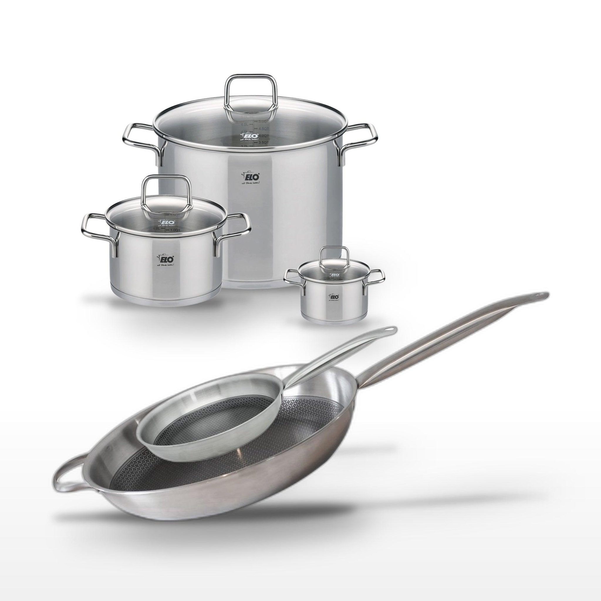 ELO Batterie de cuisine avec 3 faitouts 12/20/26 cm et 2 poêles de cuisson 24/32 cm en inox et elodur sans pfas elo collection relief solution citrin