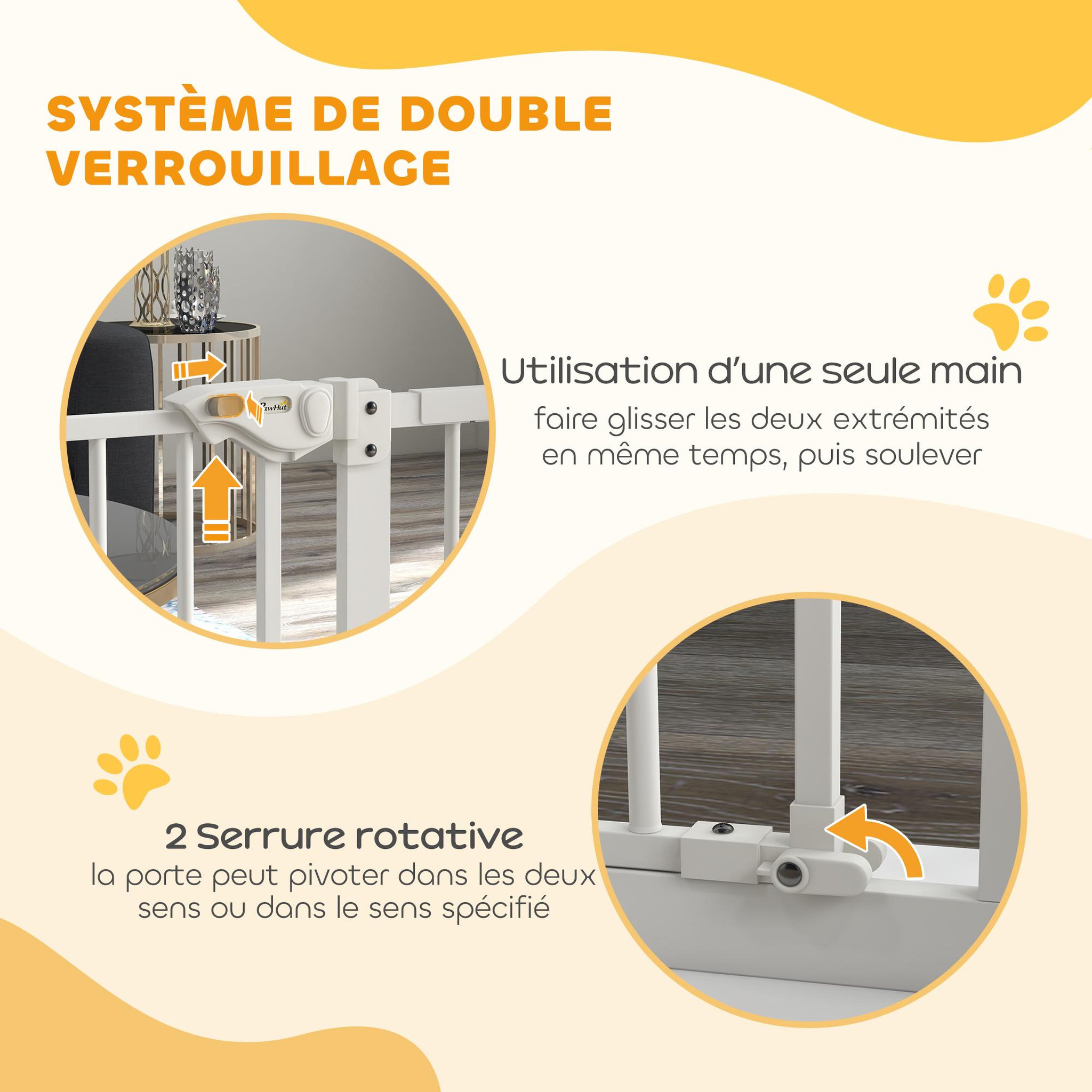 Voir la diapositive 6 : PAWHUT Barrière de sécurité chien - porte double verrouillage - l.94 cm max. - sans perçage - métal blanc