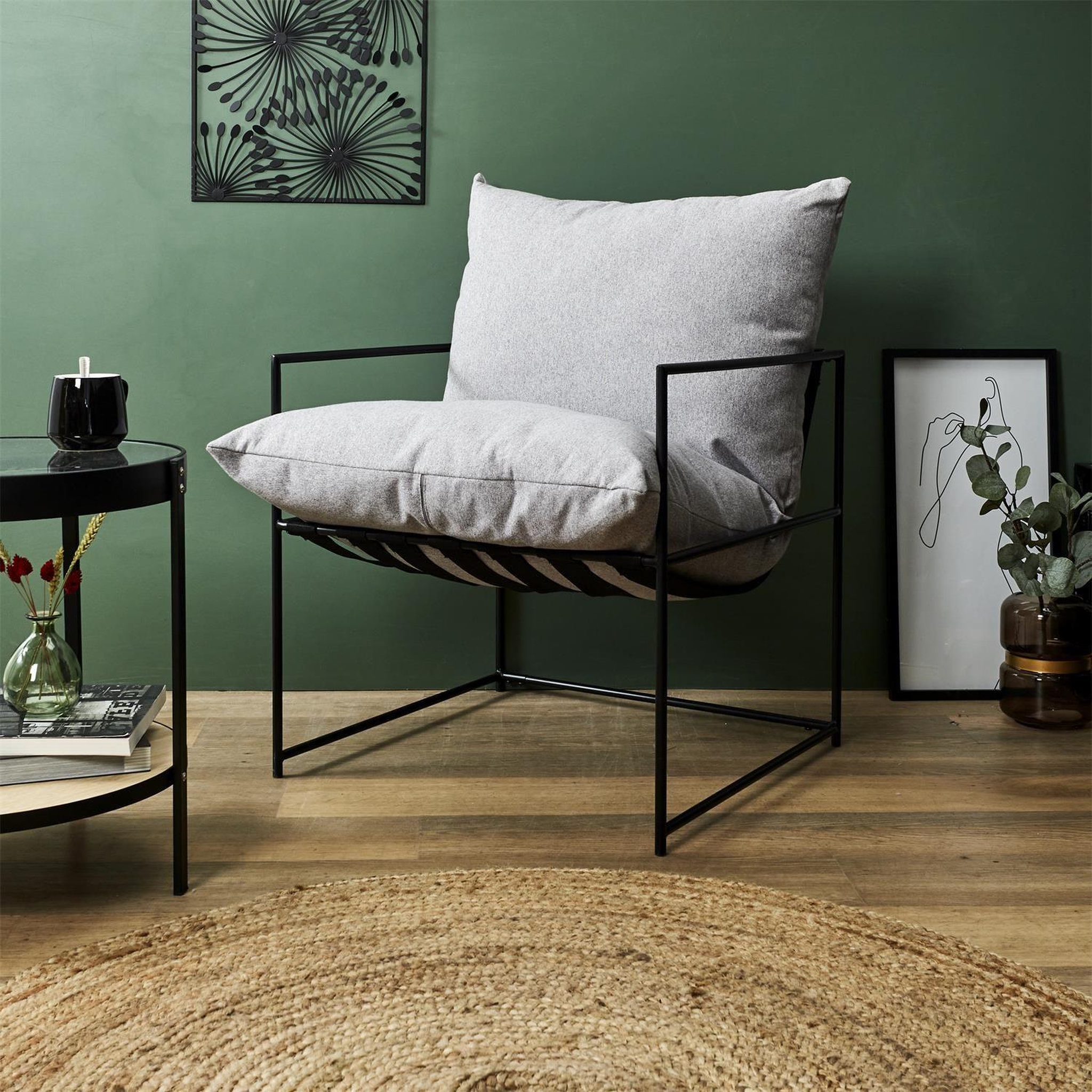 Voir la diapositive 2 : The Home Deco Factory Fauteuil tissu et métal Ella - Gris et noir