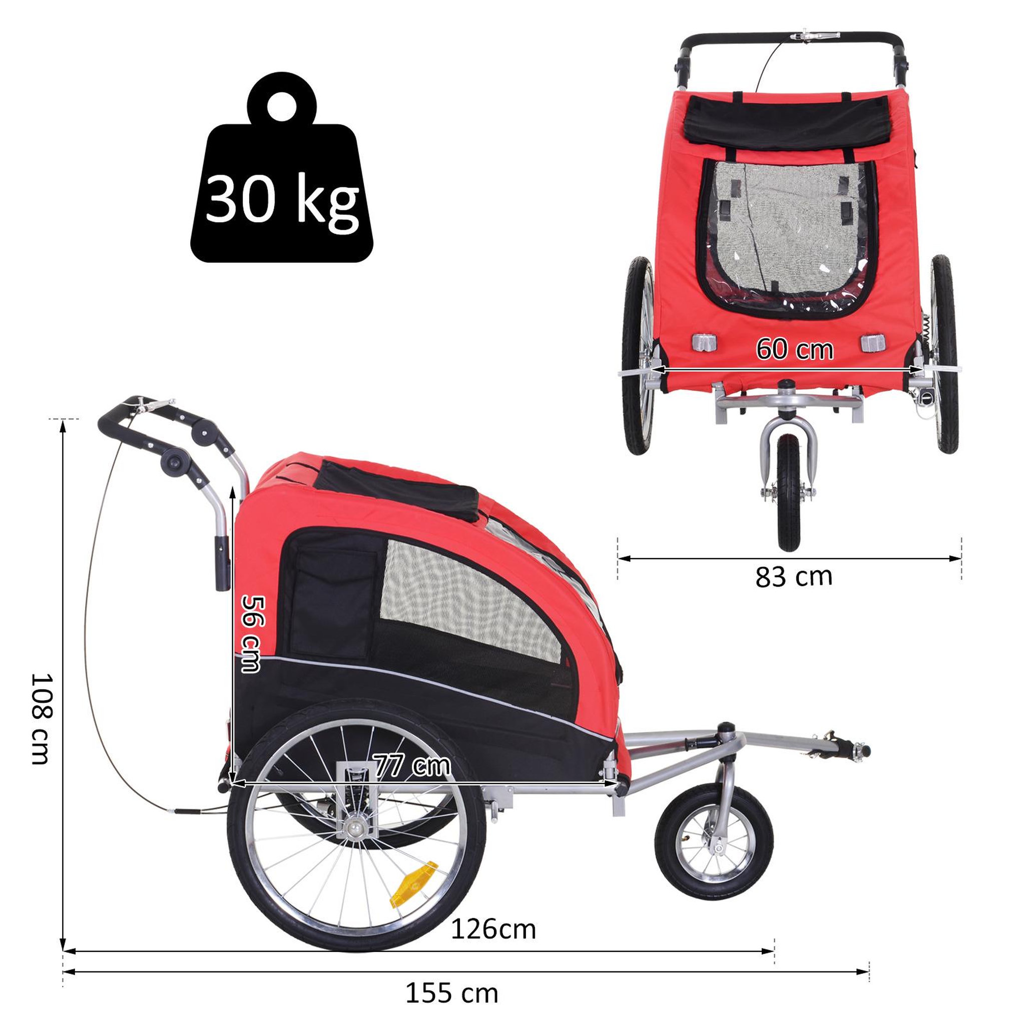 Voir la diapositive 3 : HOMCOM Remorque vélo jogger 2 en 1 pour animaux drapeau roue avant pivotante réflecteurs et barre d'attelage inclus rouge noir
