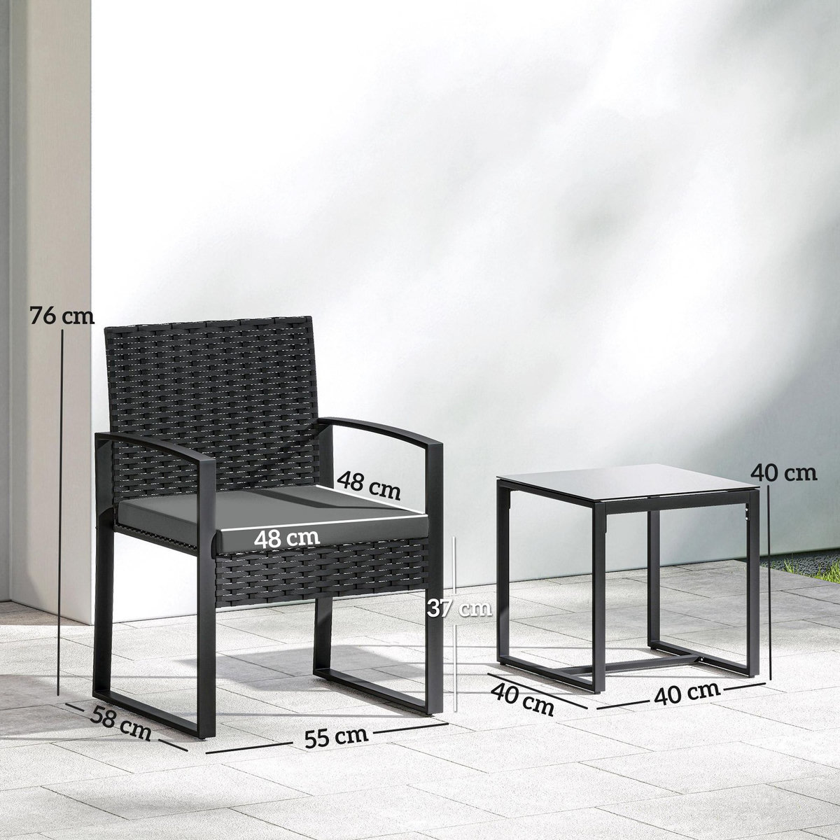 OUTSUNNY Salon de jardin 2 places 3 pièces avec coussins plateau verre trempé résine tressée 6 fils gris