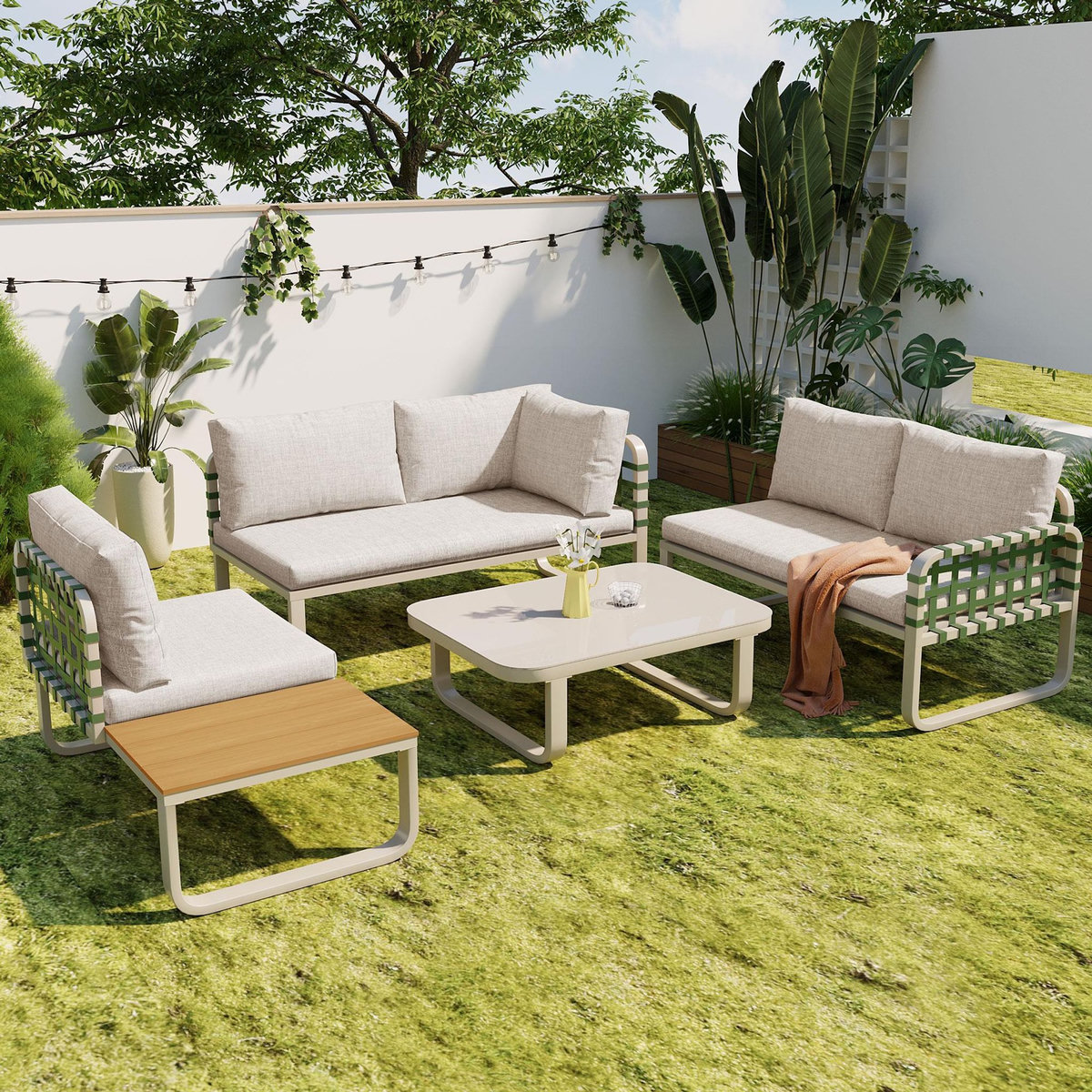 MERAX Salon de jardin 5 places en acier avec coussins assise, dossier, abricot
