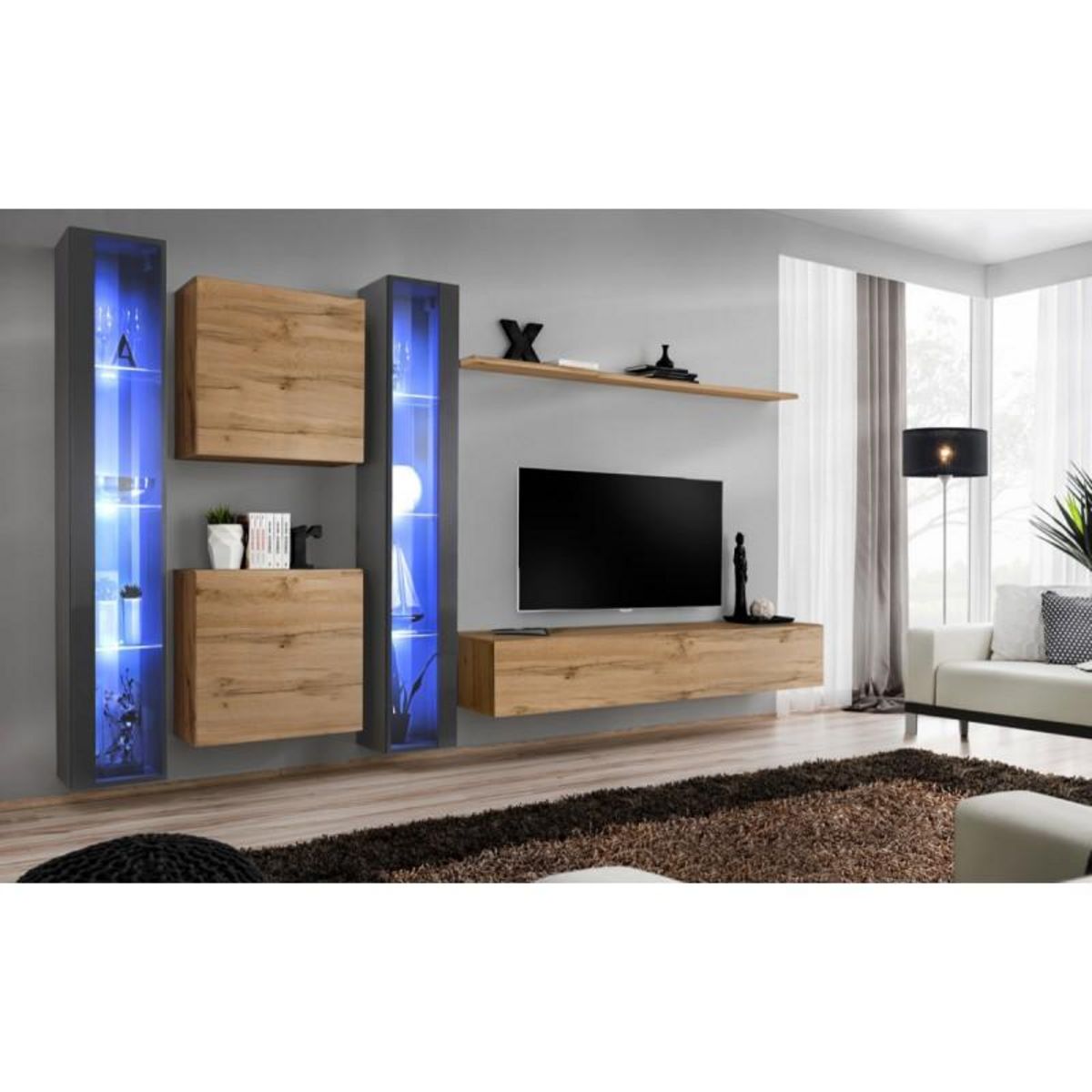 Paris Prix Meuble TV Mural Design  Switch XVI  330cm Naturel & Gris