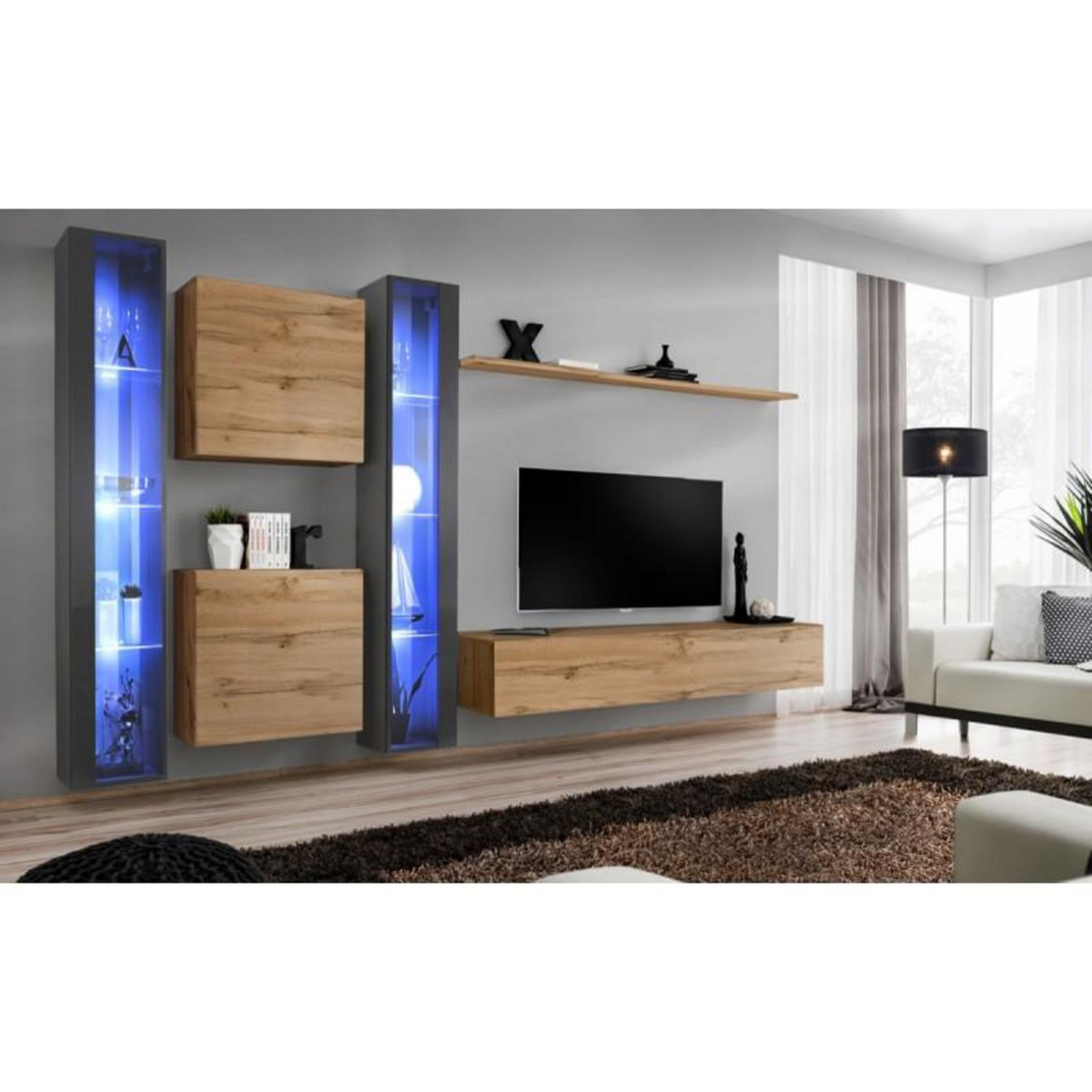 Paris Prix Meuble TV Mural Design  Switch XVI  330cm Naturel & Gris