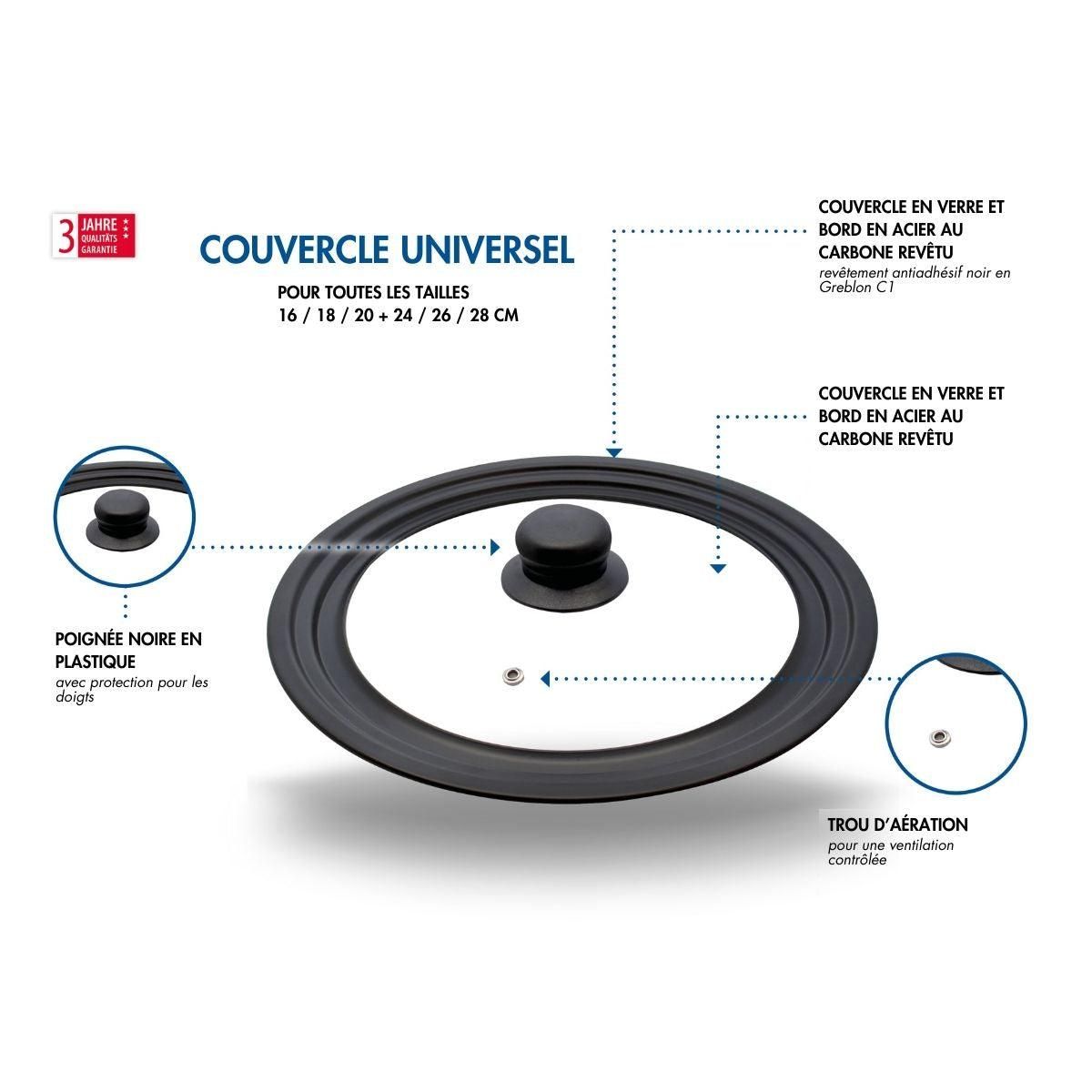 ELO Couvercle en verre 24/26/28 cm et acier au carbone Elo