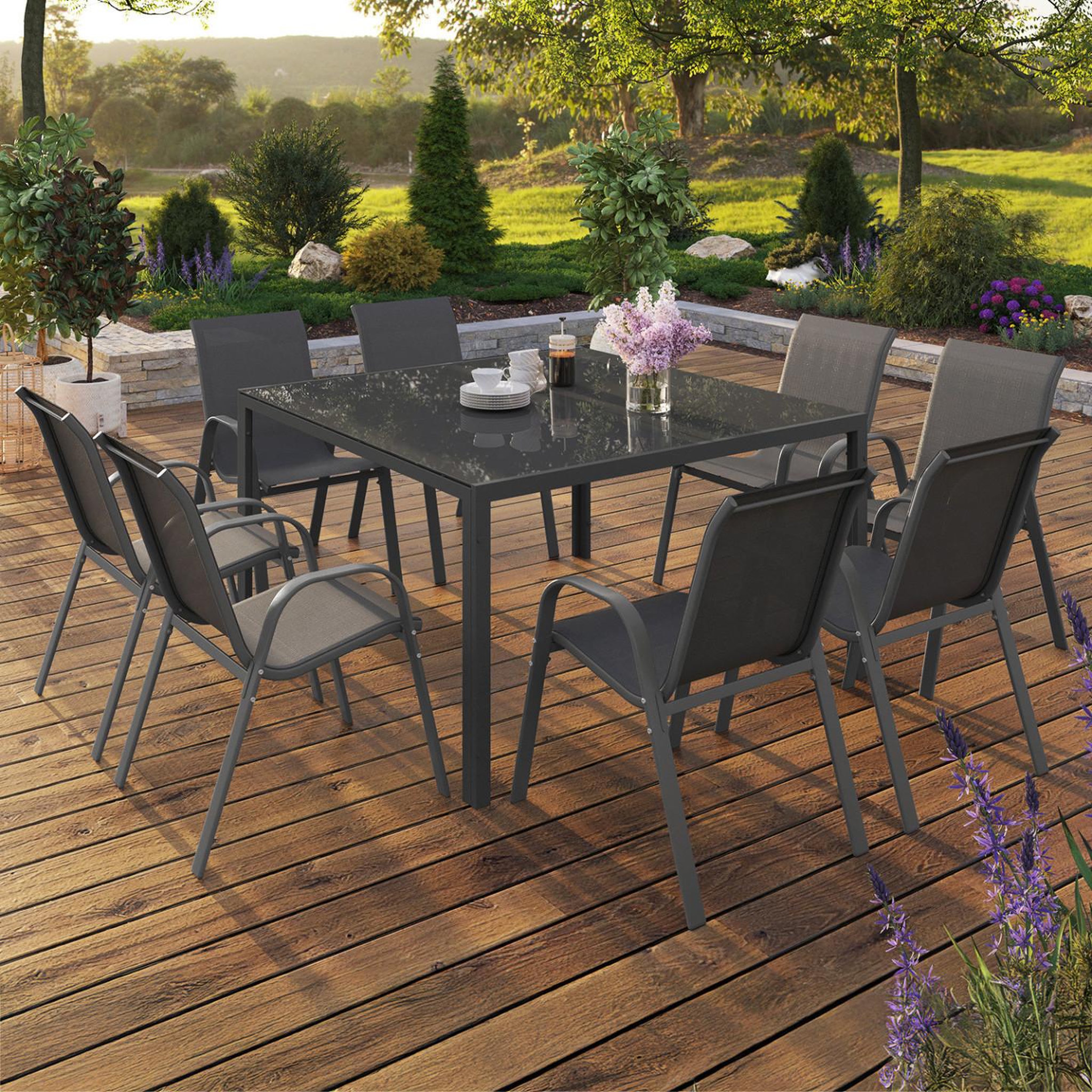 Voir la diapositive 2 : ID MARKET Salon de jardin madrid table carrée 130 cm et 8 chaises empilables gris anthracite