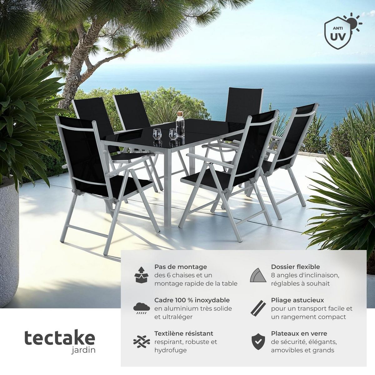 tectake Ensemble salon de jardin avec cadre en aluminium pour 6 personnes argent