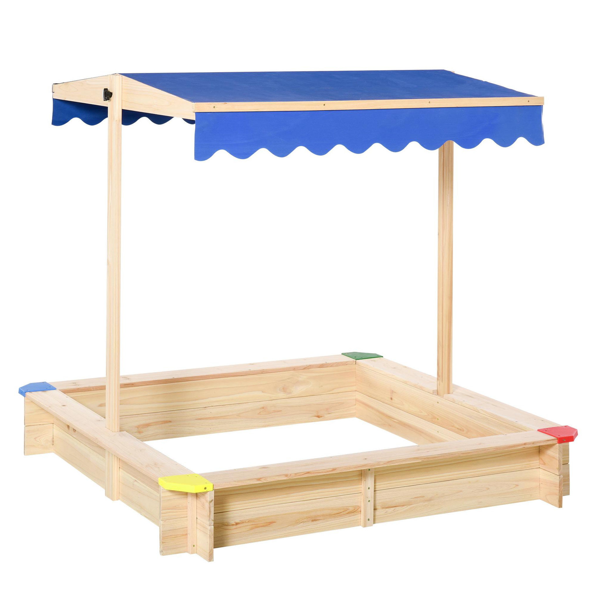 OUTSUNNY Bac à sable bois carré dim. 1,2L x 1,2l x 1,2H m - hauteur et inclinaison toit réglables - bois naturel de pin