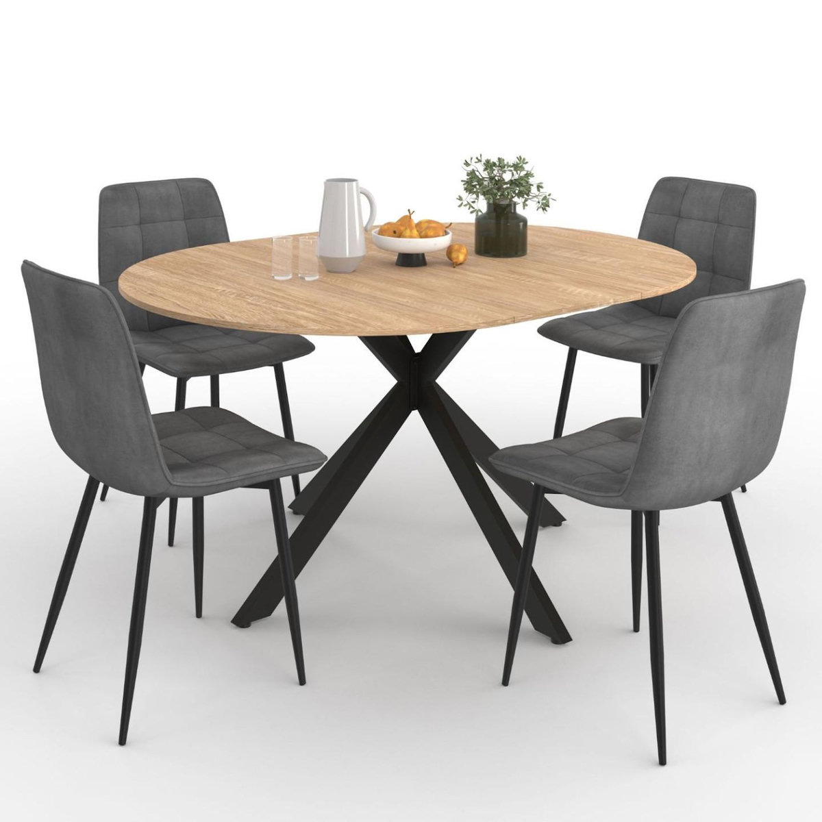 ID MARKET Ensemble table à manger ronde extensible ALIX 110 - 150 cm et 4 chaises MILA en velours gris foncé
