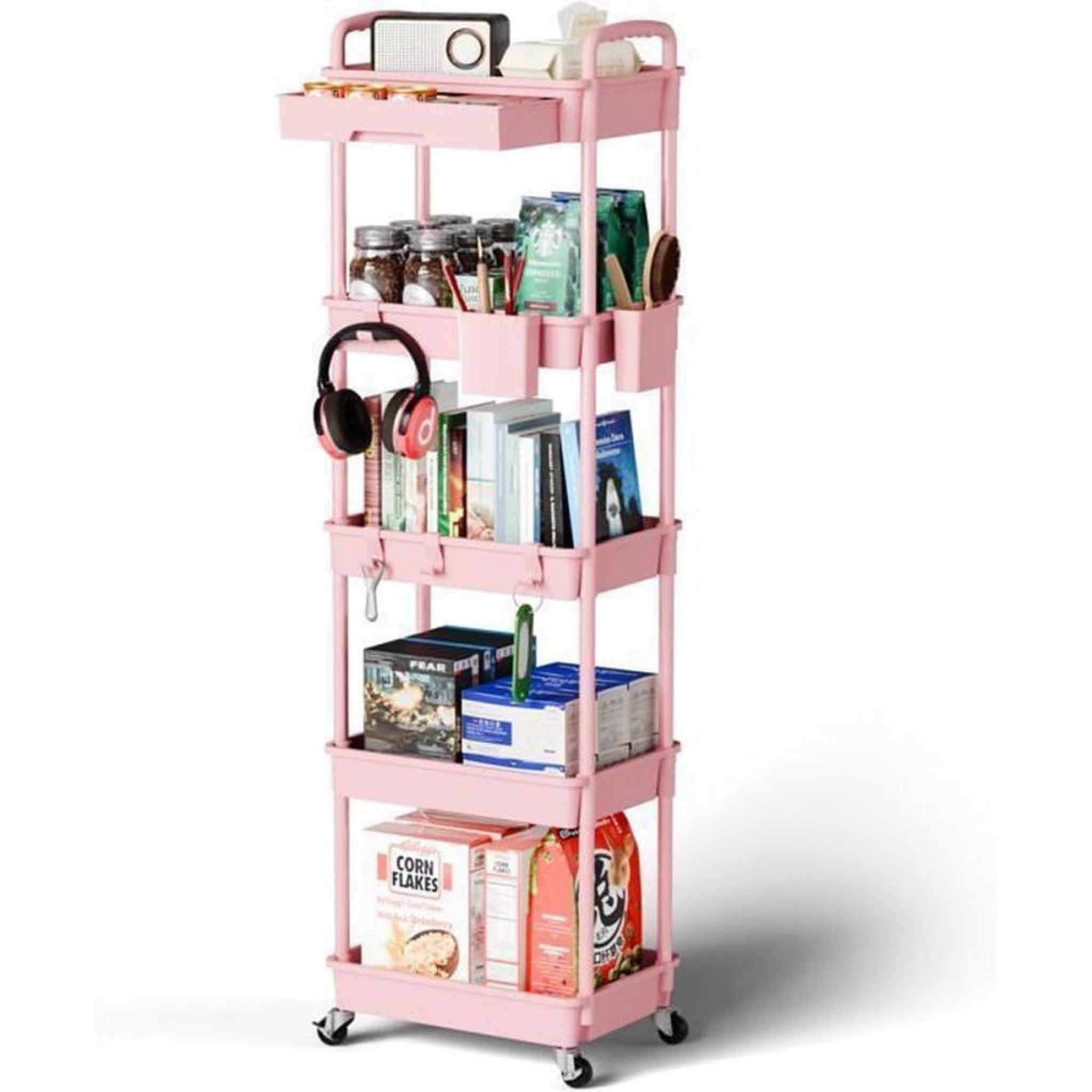 chariot de cuisine sur roulettes 5 niveaux en maille rose avec tiroir verrouillable SPACEKEEPER